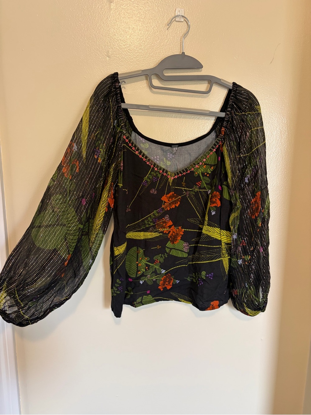 Blink London Anthropologie Black Metallic Floral Peasant Blouse